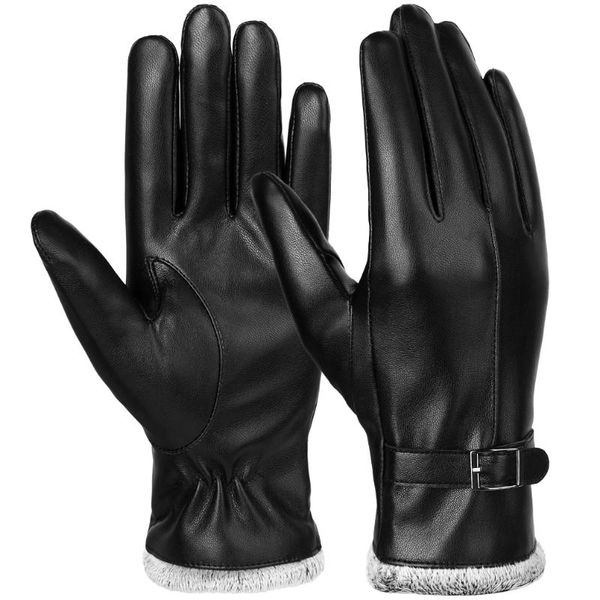 Fingerlose Handschuhe Vbiger Damen PU-Leder Warm Winter Weich Touchscreen Kaltes Wetter Lässig Schwarz