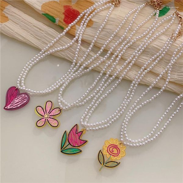 Anhänger Halsketten Acryl Blume Doppelte Perle HalsketteTulip Sonnenblume Herzförmiges Harz Für Frauen Romantische Schmuck Geschenke