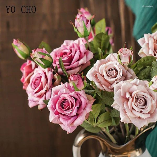 Flores de casamento YO CHO 5 Pçs/lote Rosa De Seda Rosa Buquê Mariage DIY Noiva Damas De Honra Artificial Leite Branco Buquês