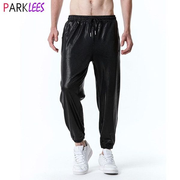 Calças pretas metálicas jogger sweatpants para homens hip hop cobra padrão dança discoteca streetwear masculino festa de halloween palco roupas de baile