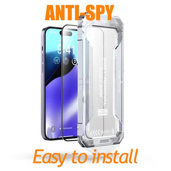 Privacy Pellicola protettiva in vetro temperato Pellicola proteggi schermo Senza polvere Easy App Protezione schermo anti-spia per Iphone 15 Pro Max 14 13 12 11 plus Kit di installazione Strumento facile