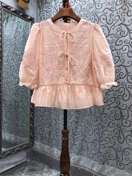 Blusas femininas topos moda designer blusa camisa 2023 verão senhoras lurex bordado arco deco 3/4 manga casual rosa branco verde vintage