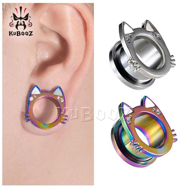 Kubooz tampões de orelha de gato, concha branca de aço inoxidável, túneis de piercing, medidores de brinco, joias corporais, expansores inteiros 6mm t3233