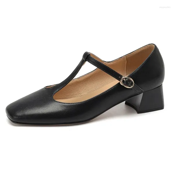 Scarpe eleganti Casual Décolleté con tacco basso Donna 2023 Cinturini a T in vera pelle Nero Nudo Party Ufficio Matrimonio Marchio di grandi dimensioni 45