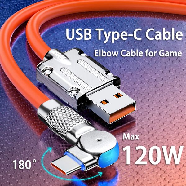 120W 6A Hızlı Şarj Tip C Kablo Dönme Dirsek Kablosu Xiaomi Samsung Telefon Şarj Cihazı Sıvı Silikon USB C Kablosu