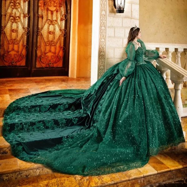 Verde esmeralda brilhante querida cristal miçangas vestido de baile quinceanera vestidos manga longa apliques rendas espartilho vestidos de 15 anos