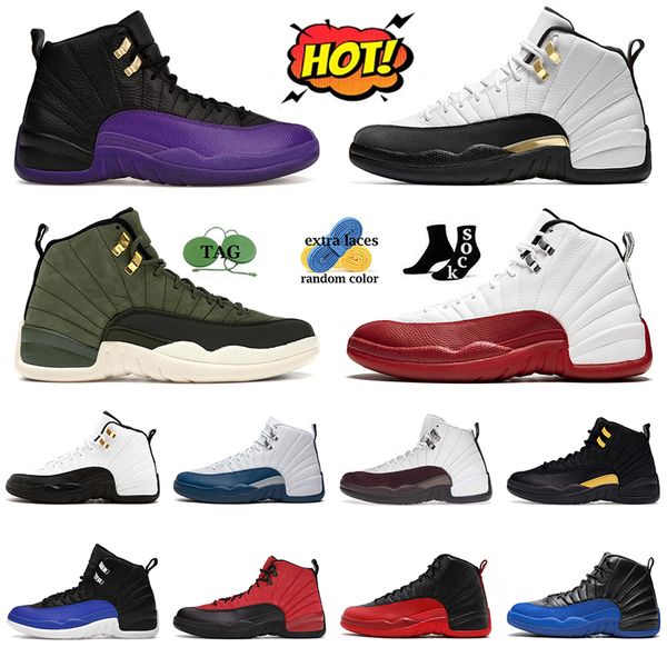 Jumpman 12 Sapatos de basquete Stone Blue Homens Mulheres Anos na China Treinadores Gamma Blue Sports Black Taxi Sneakers Cherry Field Roxo Hyper Royal 12s Taxi Playoffs