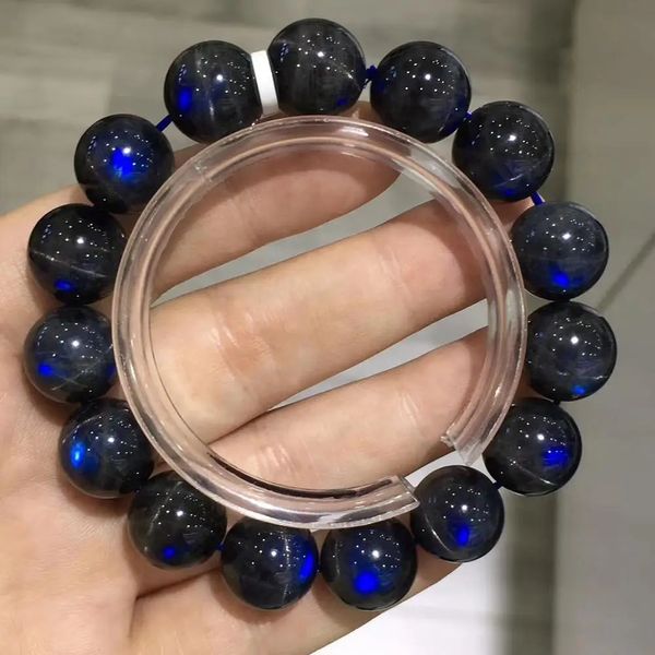 Bracciale a catena con labradorite nera naturale, perline rotonde di cristallo di luce blu, 13 mm, occhio di gatto, donna, uomo, pietra di luna AAAAA 231129