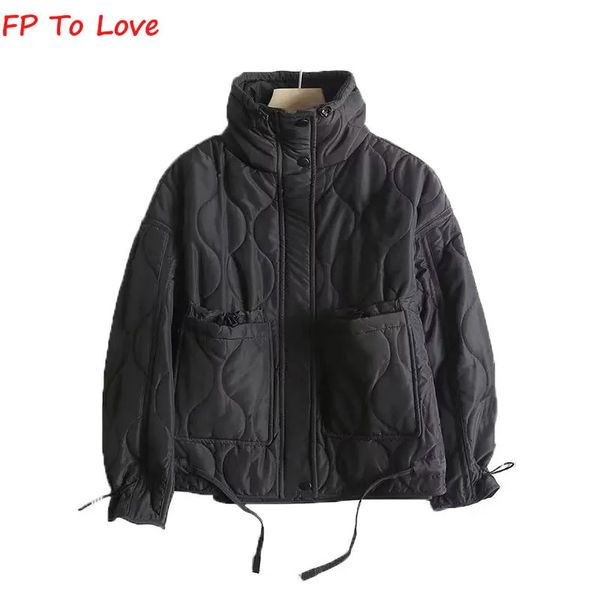 Mulheres para baixo parkas cáqui acolchoado jaqueta de algodão em linha reta curto casaco com zíper gola bolso blogger streetwear feminino outwears 231128