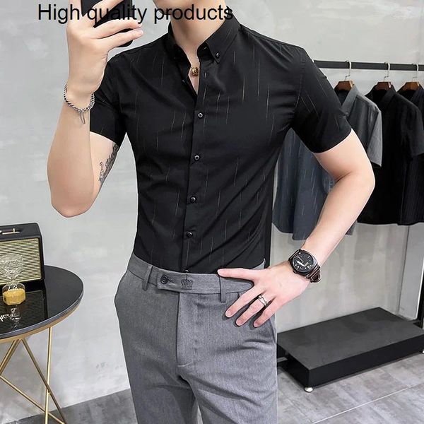 Мужские повседневные рубашки 2024, брендовая одежда, летние рубашки в полоску с короткими рукавами для отдыха/мужские облегающие деловые рубашки с лацканами, черный, белый цвет, S-5XL