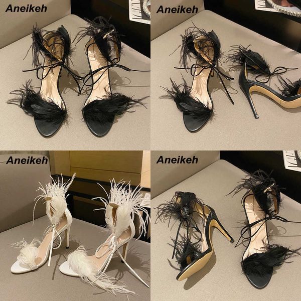 Sandali New Pu Fashion Sandali a punta aperta Donna Estate Tacchi sottili Scarpe Party Sexy Basic Solid Sweet Feather Elegante bianco 230316