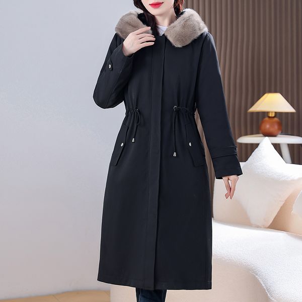 Giacca in pelliccia di visone Cappotto lungo da donna Parka con cappuccio Cerniera Capispalla antivento Top da esterno Abbigliamento da donna