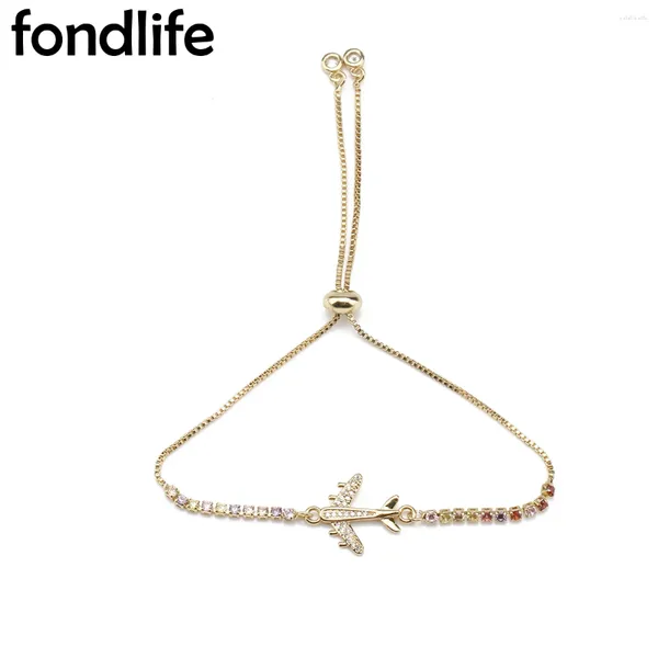 Braccialetti con ciondoli Pietra zirconi cubici Bracciale aeroplano in rame placcato oro Donne Pietre CZ Perline in ottone Catena scorrevole Gioielli regolabili Regalo