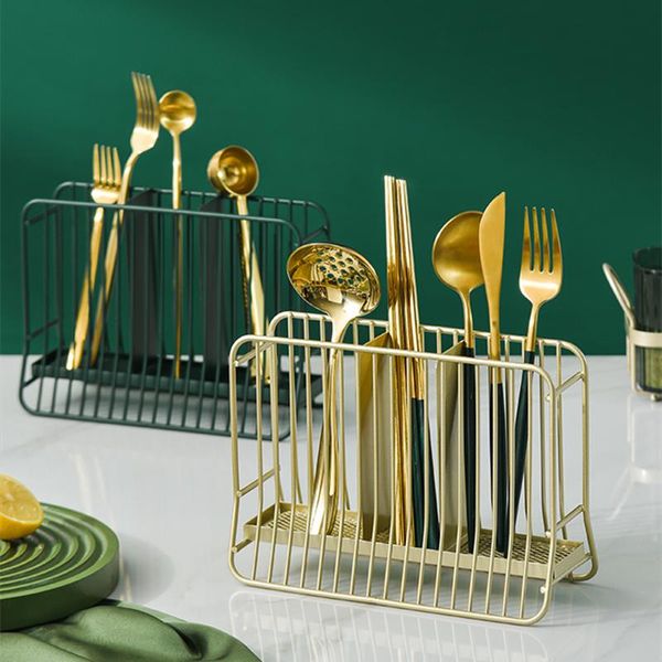 Organização de metal dourado talheres rack cozinha bancada escorredor utensílio titular colher facas garfo armazenamento organizador acessórios recipiente