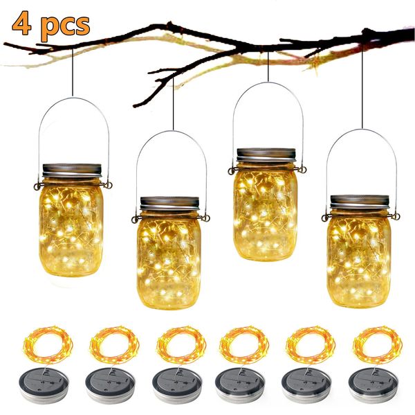 Decorações de jardim 4x energia solar mason jar tampa luzes LED à prova d'água luz de fada luzes de corda decoração de jardim luzes de Natal decoração de casamento ao ar livre 231124