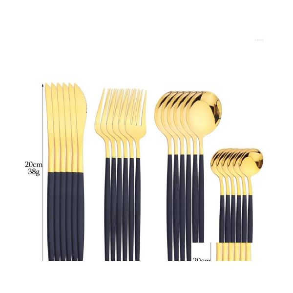 Set di posate Terprun 24 pezzi Set di stoviglie Oro nero Coltelli da dessert Forchette Cucchiaio Posate Stoviglie in acciaio inossidabile Bambini con Rac Dhkpu