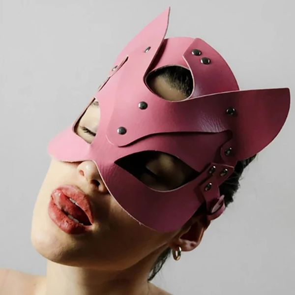 Erwachsene Spielzeug Sexy Fox Masken Rosa PU Leder Maskerade Cosplay Anime Half Face Katze Masken Bondage Frau Zubehör Gothic Prop Halloween 231128