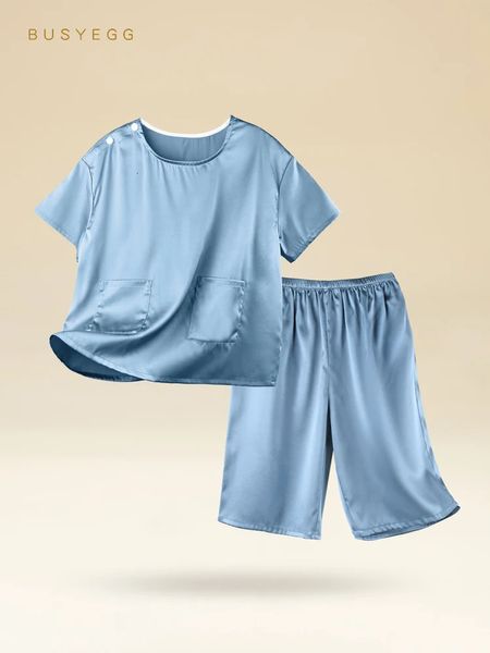 Pigiama Solid Mist Blue Pigiama per la casa in vera seta per bambini Set estivo per ragazzi Manica corta in vera seta Pigiama per bambini Set di indumenti da notte in seta 231124