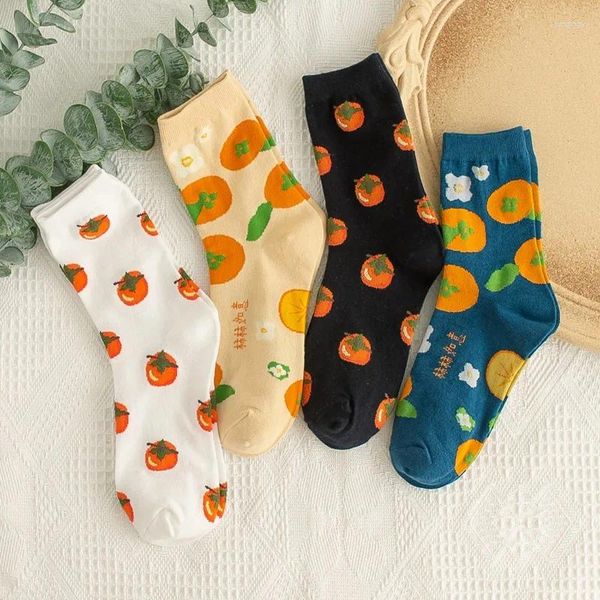 Damensocken Kawaii Cartoon Niedlich Orange Persimmon Wünsche Muster Mittlere Länge Weibliche Baumwolle Freizeit Sport Stil Für Paare