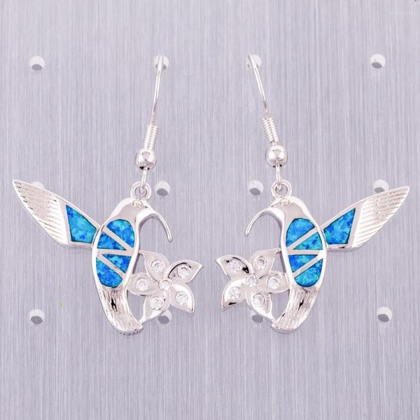 Orecchini pendenti KONGMOON Hummingbird Plumeria Ocean Blue Fire Opal Gioielli placcati argento per donna Drop