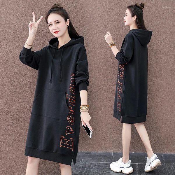 Kadın Hoodies orta uzunlukta kazak elbise bahar ve sonbahar ince Kore tarzı gevşek artı beden kapüşonlu moda