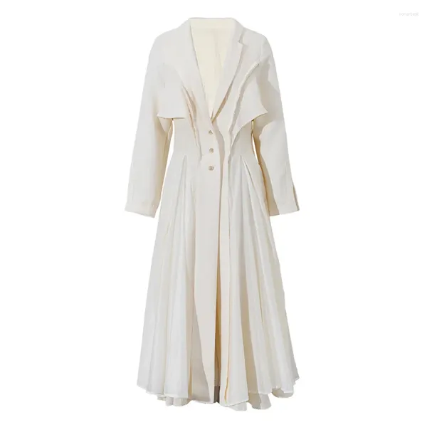 Abiti casual Donna Cappotto di lino pieghettato beige Abito lungo elegante con risvolto Manica ampia Vestibilità moda Abiti marea Primavera Autunno 2023