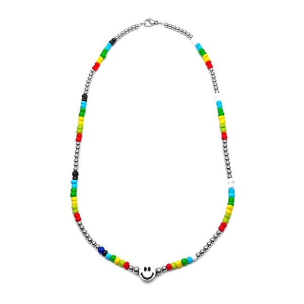 Collar con cuentas de cristal de arco iris de acero de titanio bohemio japonés/coreano con cara sonriente joyería encantadora para hombres/mujeres