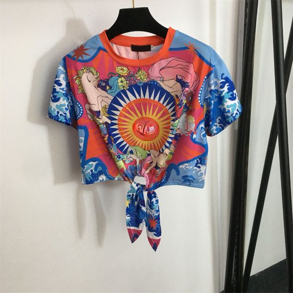 Mulheres verão vintage floral tshirts moda designer de luxo sexy recortado atado jumper topos das mulheres diamantes roupas de algodão