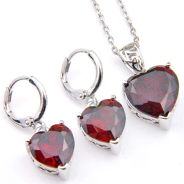 Luckyshien Holiday Gift 2 pezzi lotto orecchini pendenti con cuore rosso granato set collana in argento 925 gioielli con fascino donna 225w