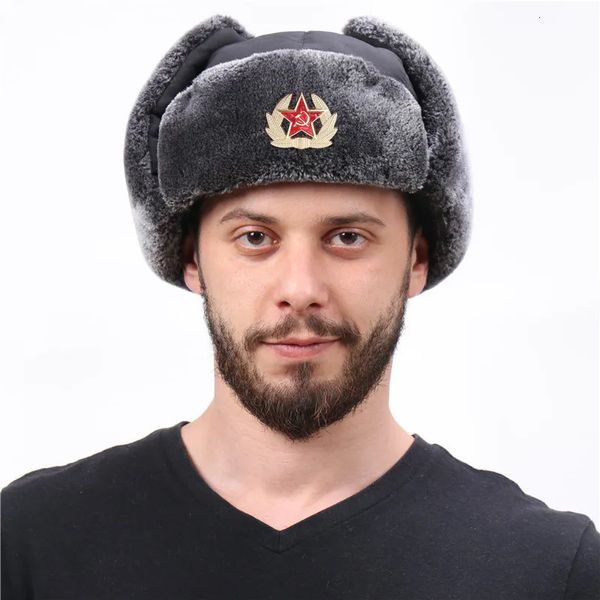 Trapper Chapéus Quente Emblema Soviético Lei Feng Homens Exército Russo Ushanka Bomber Hat Outdoor Plus Velvet Engrossar Caps Faux Rabbit Fur Earflap 231128