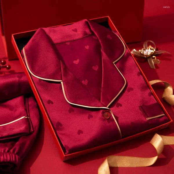 Pigiama da donna primavera autunno macchia di seta pigiama set carino amore stampa top e pantaloni pigiama cinese fortunato rosso salotto set abbigliamento da casa signora