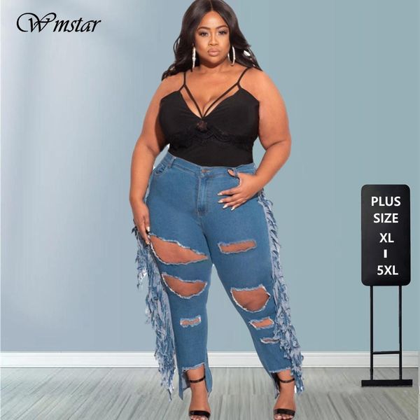 Bottoms novo plus size 5xl jeans feminino borla bodycon estiramento bolsos cintura alta moda denim lápis calças 2021 atacado dropshipping