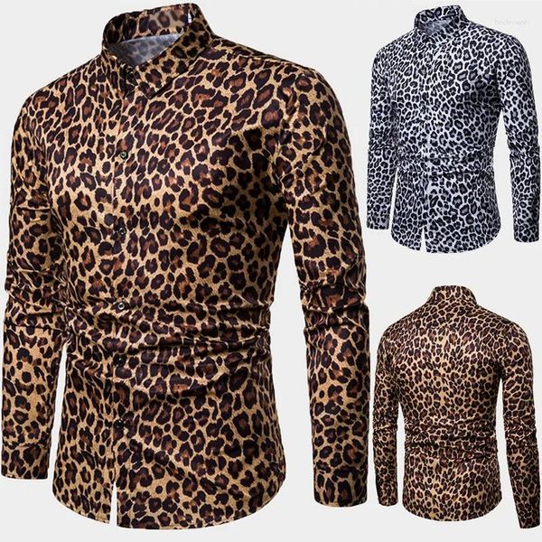 Camisas casuais masculinas moda sexy social homens manga longa leopardo impressão tops botão camisa S-3XL masculino lapela camisas blusa