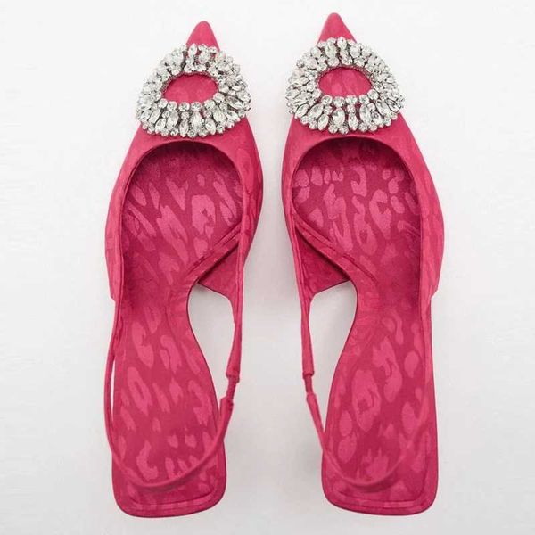 Yeni sandalet bayan pembe leopar baskı yüksek topuklu moda rhinestones slingback pompalar kadın sivri uçlu ayaklı elbise ayakkabı 230406