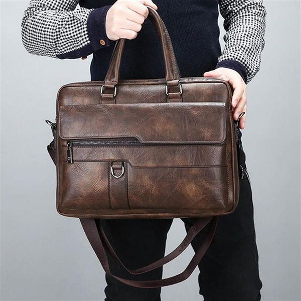 PUIMENTIUA Retro Homens Cor Sólida Bolsa Pasta de Couro Falso Grande Capacidade Bolsa de Ombro Grande Casual Negócios Laptop Maleta342h269E