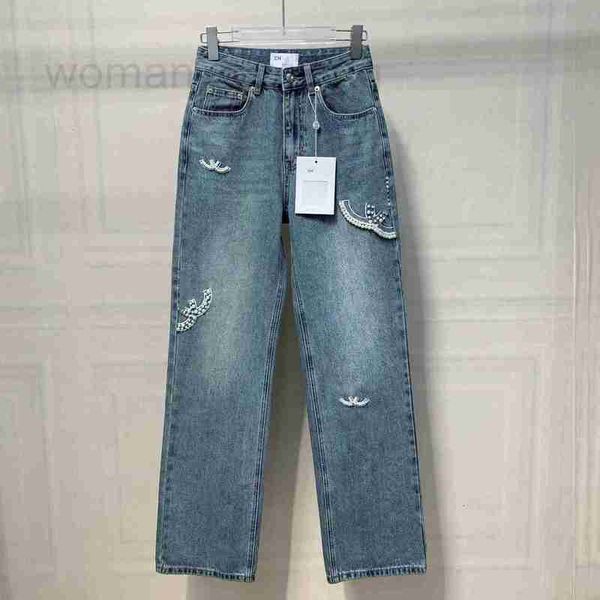 Jeans da donna firmati inizio autunno nuovi piccoli jeans profumati con design a perle da donna, tubo dritto, vestibilità ampia, vita alta RKGS
