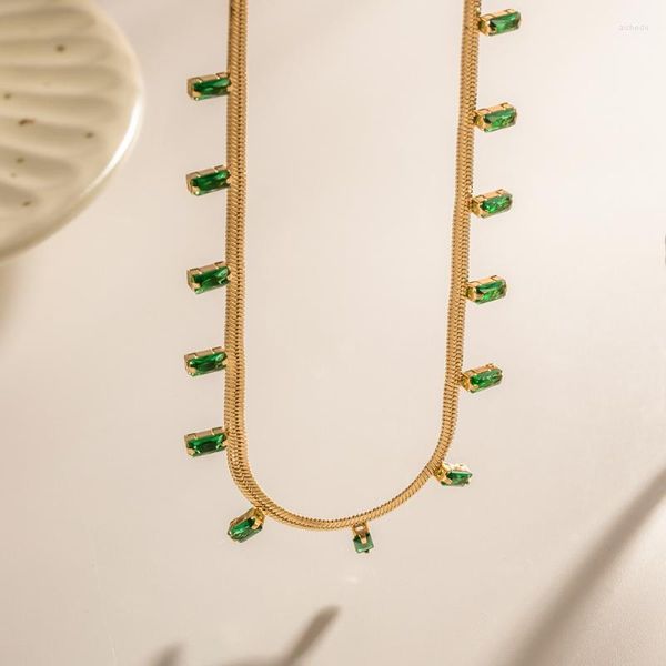 Catene Minar Punk Collane a spina di pesce grosse per le donne Placcatura in oro 18 carati Collana in acciaio inossidabile con zirconi CZ verde lucido bianco