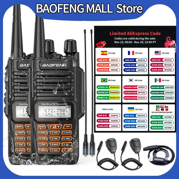 Walkie talkie 2 peças talkies à prova d'água baofeng uv 9r plus 10w portátil cb ham radio transceptor vhf uhf 2 vias uv9r plus caça 10km 231128