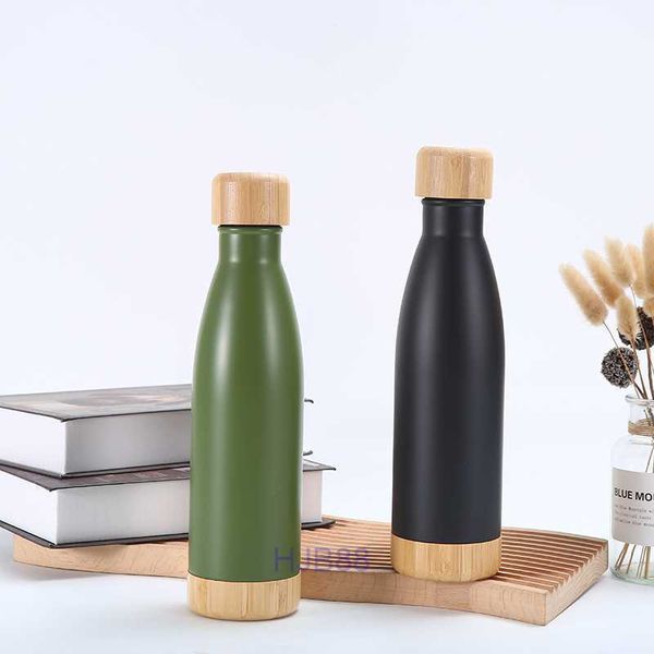 L4a8 garrafa térmica nova tampa de bambu com fundo de madeira garrafa de cola 304 copo isolado a vácuo de aço inoxidável elegante e simples esportes ao ar livre