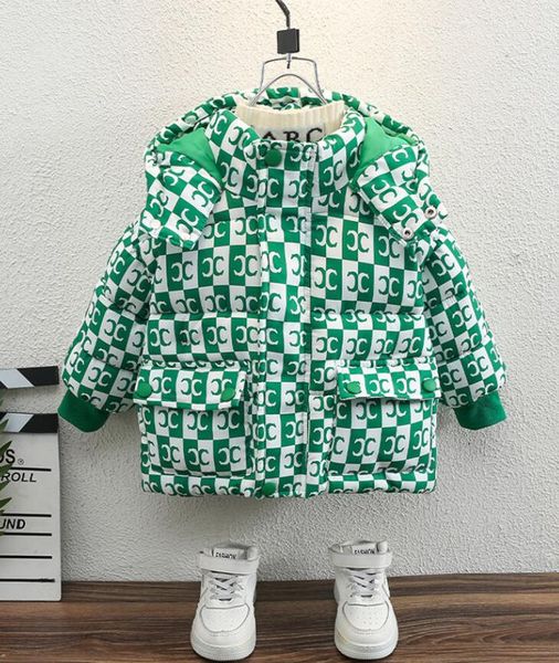 Inverno crianças designer jaqueta puffer menino com capuz preto verde xadrez para baixo jaquetas de algodão crianças casaco c2036