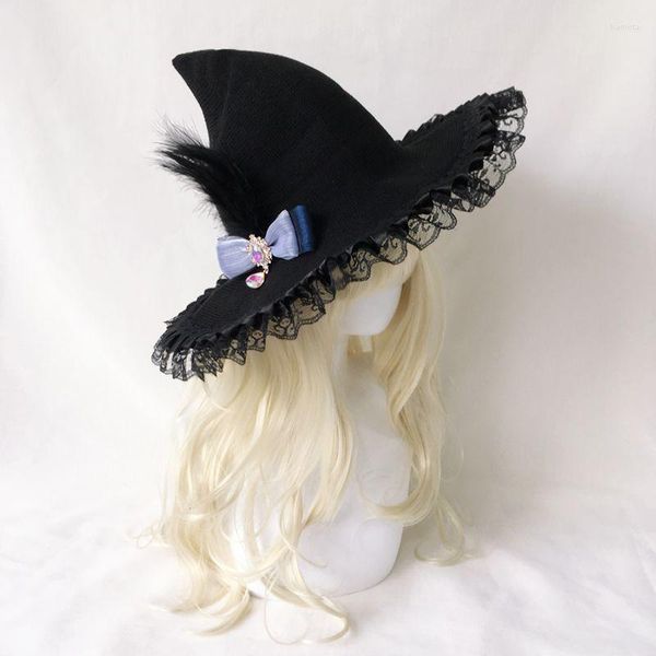 Chapéus largos lolita halloween chapéu de bruxa ratom misfarda preto penas bow wizard gótico góstica mágica renda cosplay decoração de festa