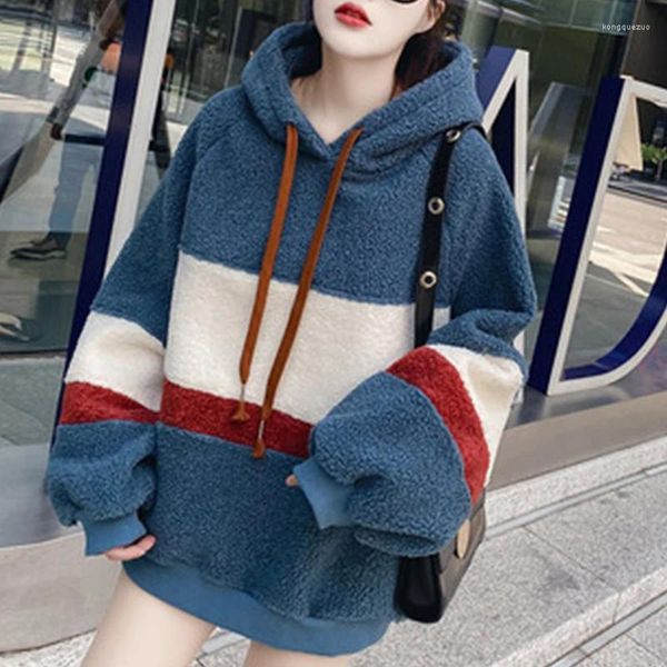 Женские толстовки 2023, осенне-зимняя одежда, свитер из овечьей шерсти, женский свободный свитер с капюшоном, бархатная толстая куртка Lazy Ins с длинными рукавами