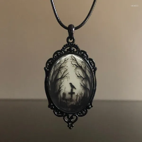 Anhänger Halsketten Gothic Raven Kreuz Glas Für Frauen Männer Vintage Mystische Krähe Seil Kette Halskette Hexe Schmuck Zubehör