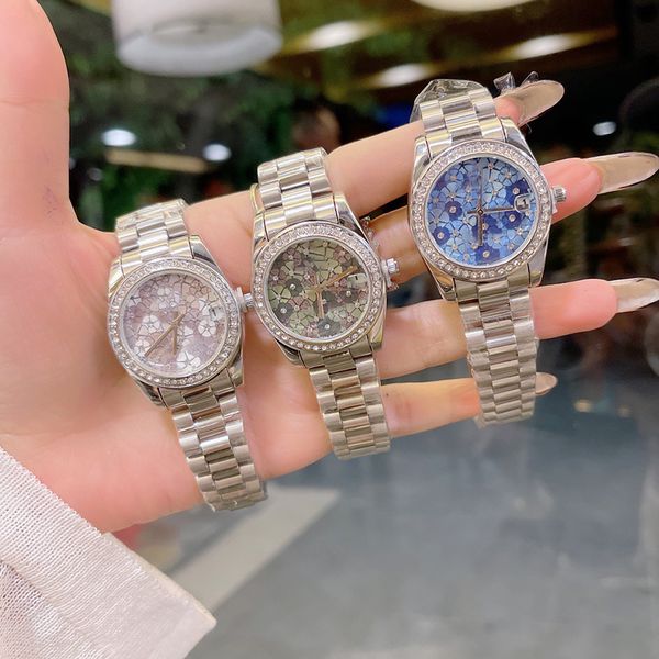 Moda marca completa relógios de pulso feminino menina senhoras estilo flor de cristal com logotipo de luxo aço banda de metal quartzo relógio rolo 248