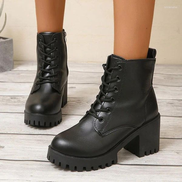 Stiefel Lucyever Dicke High Heels Knöchel für Frauen Herbst Winter Pu Leder Plattform Booties Frau Klassische Reißverschluss Schwarz Kurz