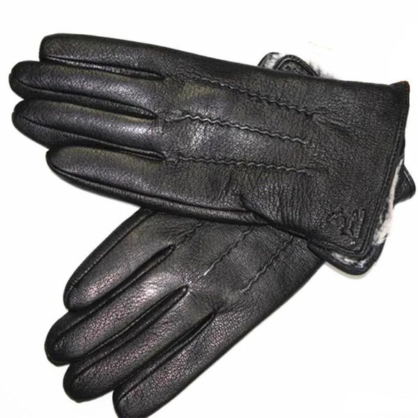 Luvas sem dedos de pele de cabra Luvas de pele de veado masculinas de couro fino forro de lã calor de inverno e espessamento ao ar livre para andar de motocicleta e dirigir 231128