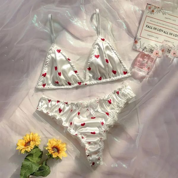 Seksi set yumuşak ipeksi saten sutyen külot aşk kalp şekli iç çamaşırı bikini knickers pijamalar sevimli pürüzsüz kayış gecelesi 231129