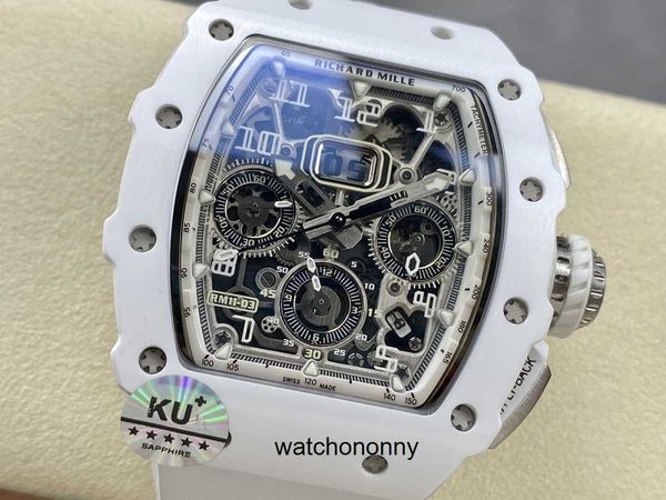 RM011-03 RETRÓGRADO Multifuncional Relógio de Pulso de Luxo Richa Milles Completamente Automático Mecânico Oco Fibra de Carbono Fita Branca Preta Cerâmica Branca