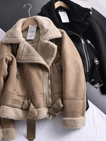 Giacca da donna in pelle sintetica TRAF invernale da donna, spessa e calda, in pelle scamosciata, giacca corta da moto, marrone, cappotti, giacche in montone shearling, capispalla 231129