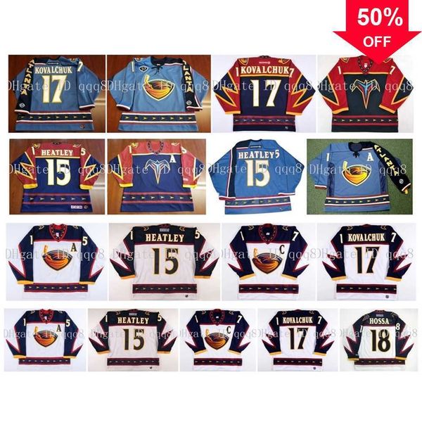 118qqq8 Vintage Atlanta Thrashers Jerseys 17 Ilya Kovalchuk 15 Dany Heatley 18 Marian Hossa Azul Vermelho Branco Hóquei